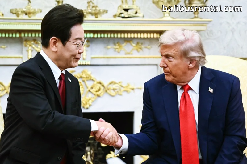 US President Donald Trump shakes hands with South Korean President Lee Jae Myung during a bilateral meeting in the Oval Office